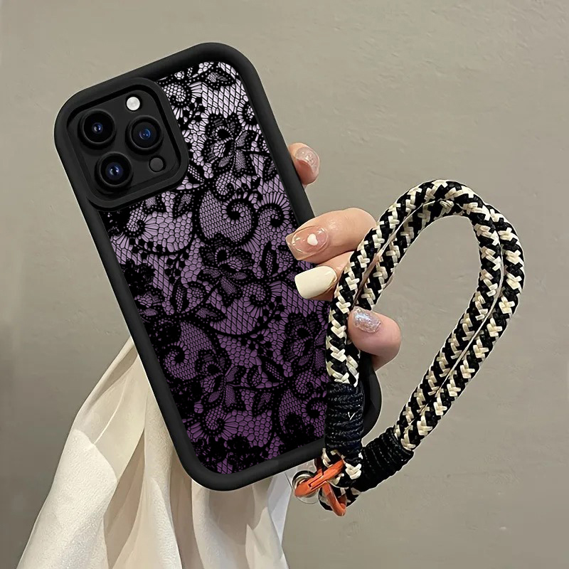 Phone Cases Purple - Czarne Fioletowe Koronkowe Etui z Paskiem