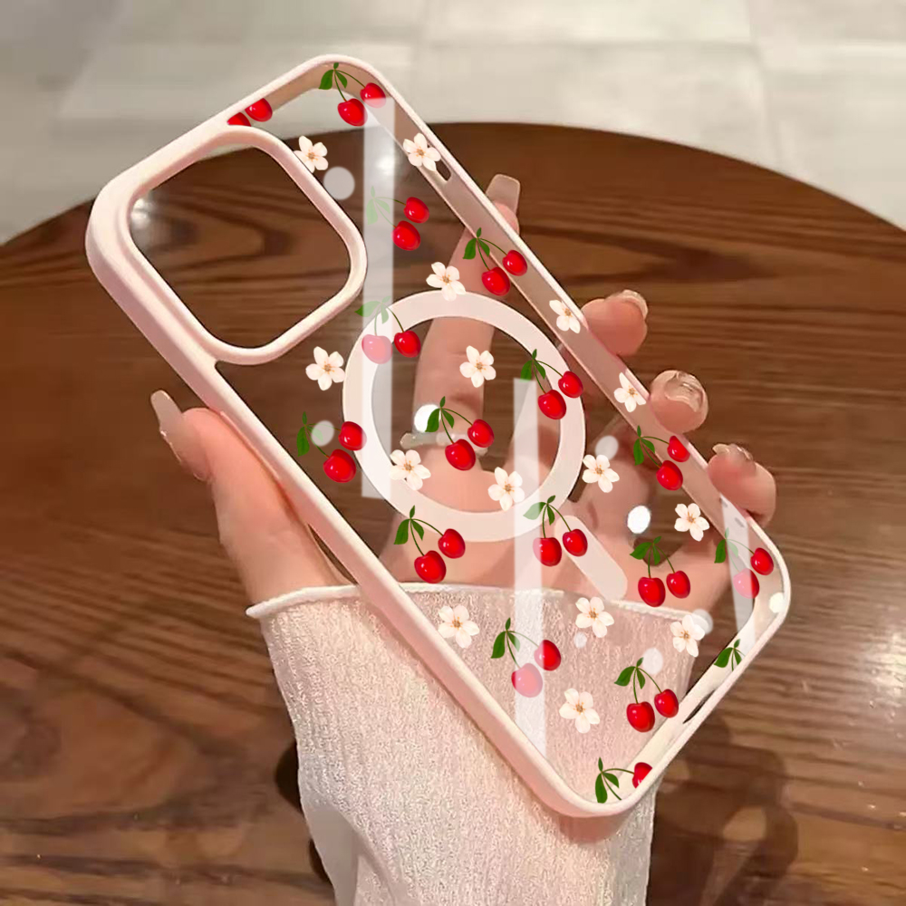 Clear Magsafe Case - Urocze etui z motywem wiśni, przezroczyste,